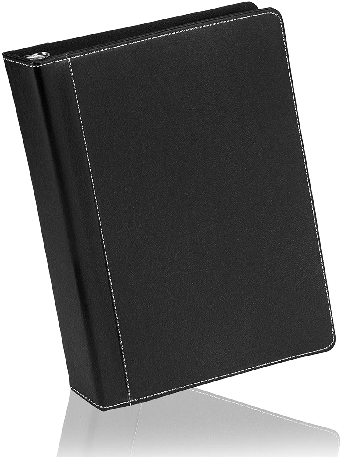 Twain Black Contrast Stitched Leather Binder with Round 1 Inch Rings, Portfolio Organizer