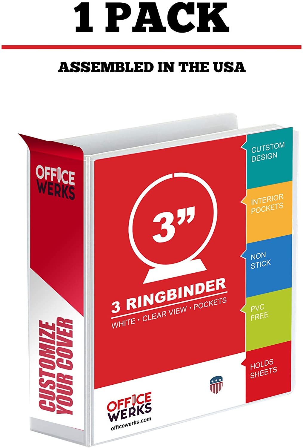 3 Ring Binder, 3" Round Rings, White, Clear View, Pockets