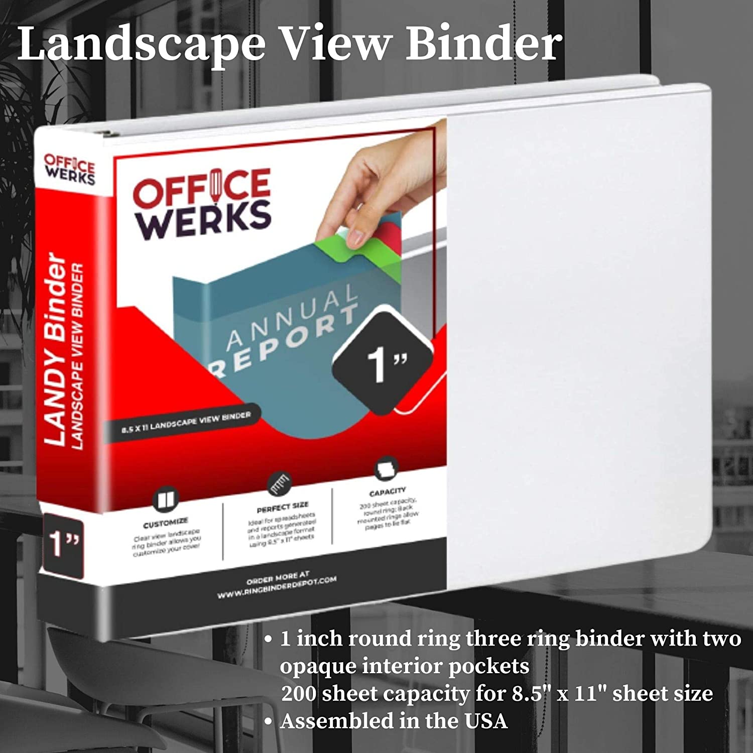 Landscape View Binder, 8.5" X 11", 1 Inch Round Ring, Back Mount, White - Pack of 4