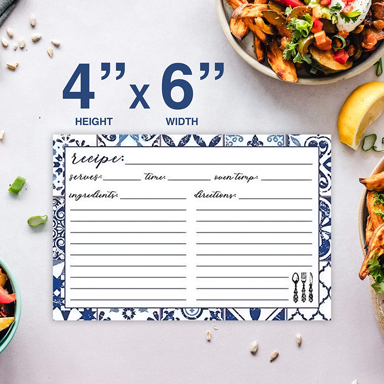 Blue and White  Recipe Cards - Pack of 50
